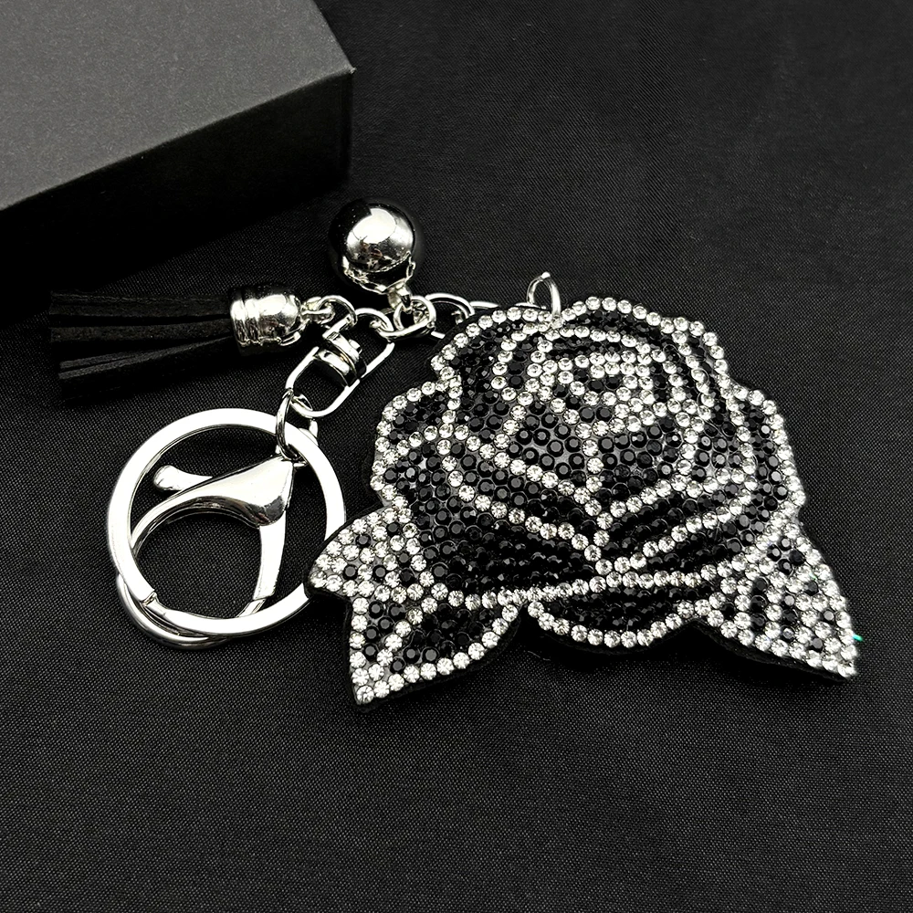 Black Rose Flower Goth Keychain For Women Girls Full Rhinestone Crystal Tassel Charm Purse Bag Pendant Female Keyring Jewelry