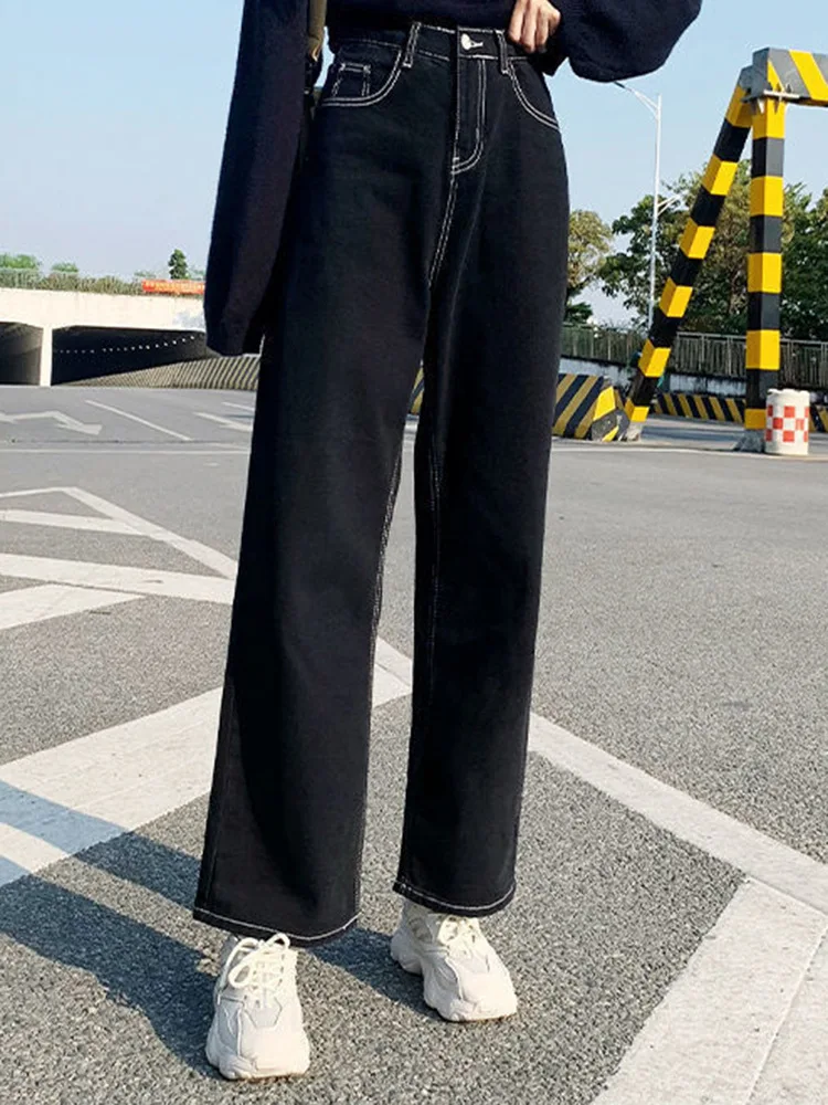 Casual Women Autumn All-match Wide Leg Trousers Girls Line Decoration Washed Jeans Lady Black Korean Style Straight Leg Pants