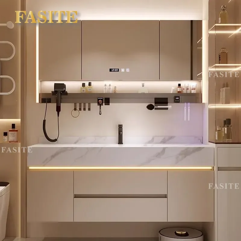 For New Rock Slab Hot Bending Integrated Basin Bathroom Vanity Cabinet Combo Washbasin Unit Modern Durable Space Saving