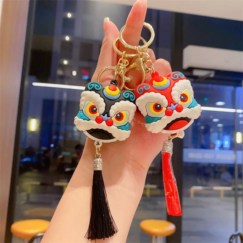 Creative Silicone Lion Dance Keychains Pendant Fashion Simple Chinese Style Lion Dance Tassel Key Chain Party Gift Bag Key Ring