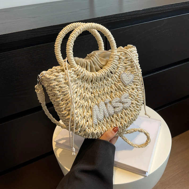 

Summer Small Round Straw Bag Women's Personalized Woven Tote Hollow out Simple Design Ladies Vacation Shoulder Beach Bag