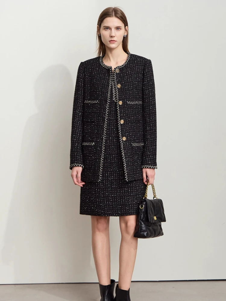 

AMII Minimalist Woolen Coat Elegant O-Neck Plaid Medium Long Women's Clothing Loose Long Sleeves Warm Women's Outerwear 12443074