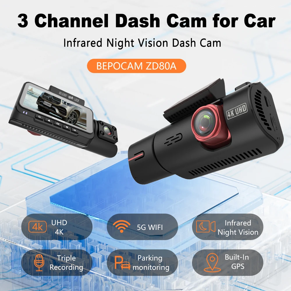 BEPOCAM Dash Cam 4K 2/3 قناة كاميرا سيارة المدمج في واي فاي GPS 3.19 "IPS شاشة للرؤية الليلية DVR مسجل فيديو وضع وقوف السيارات ZD80A