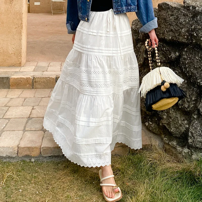 French Style Lace Embroidered Maxi Skirt White 100% Cotton Eyelet Elastic Waist Tiered Summer Boho Ladies Beach Vacations Skrits