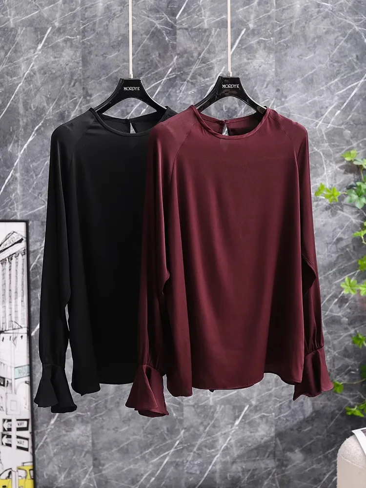 

Ele Purple Red Silk irt with Flared Sves Straight Cut Commute Sle Button Plaet Splicing Pleat Hollow out Simple ...