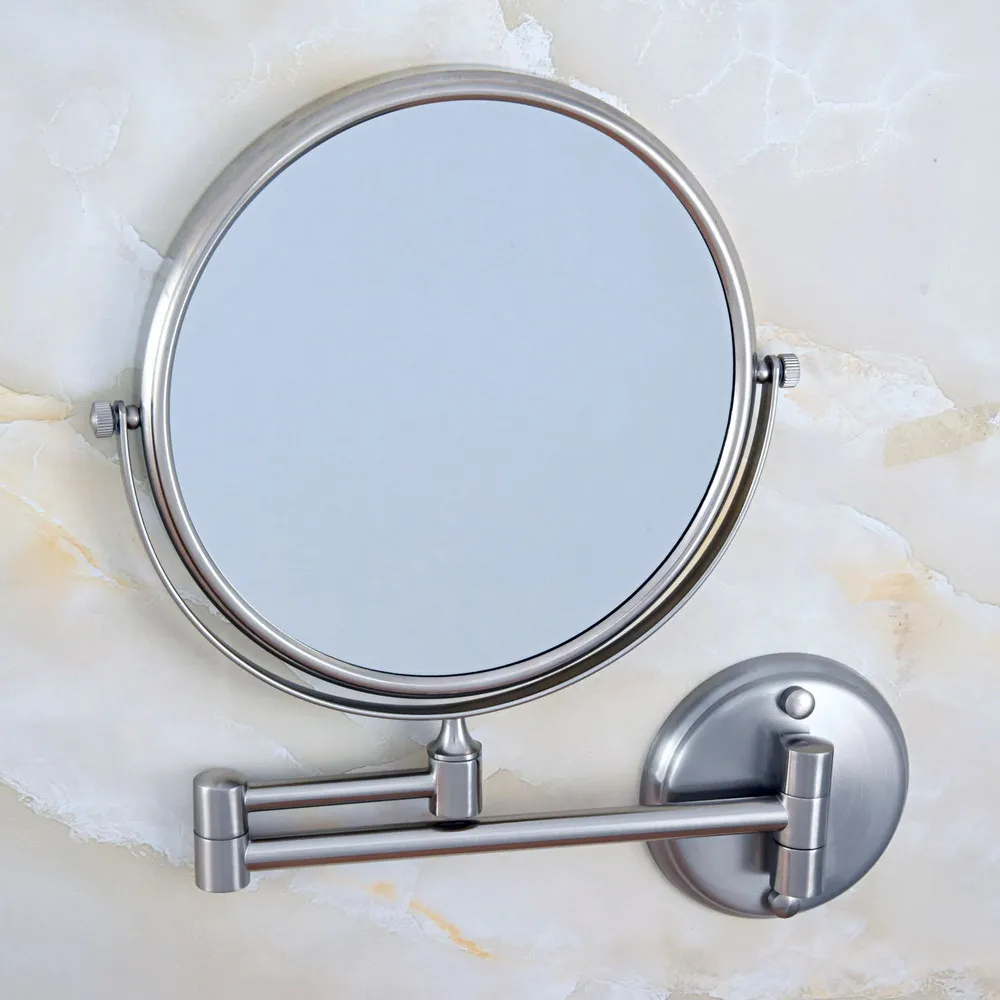 

Nickel Brass Wall Mounted Folding 8-inch Vanity Double-Sides Makeup 3x Magnified Round Mirror Dba636