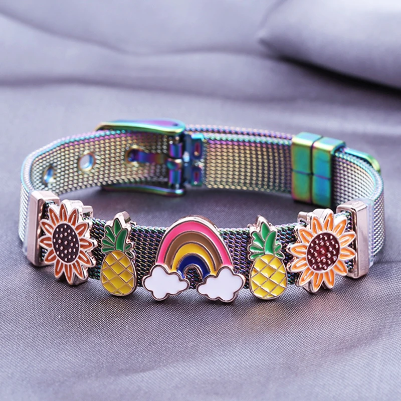 2023 New Feather Sunflower Avocado Slide Charm Bracelet With Fruit Beads Stainless Steel Mesh Bracelet Bangle For Women Men Gift