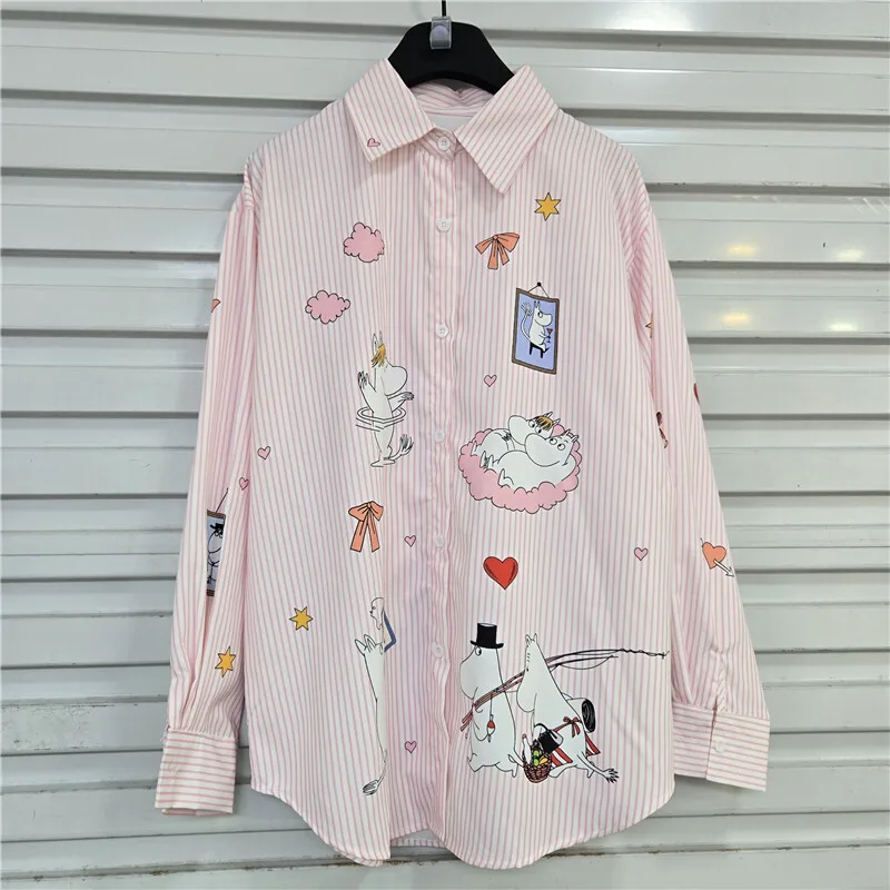 WTHT موضة جديدة للمرأة الكرتون طباعة مخطط تصميم قميص 2025 الصيف العصرية التلبيب بلوزة بأكمام طويلة الإناث 1LS2244