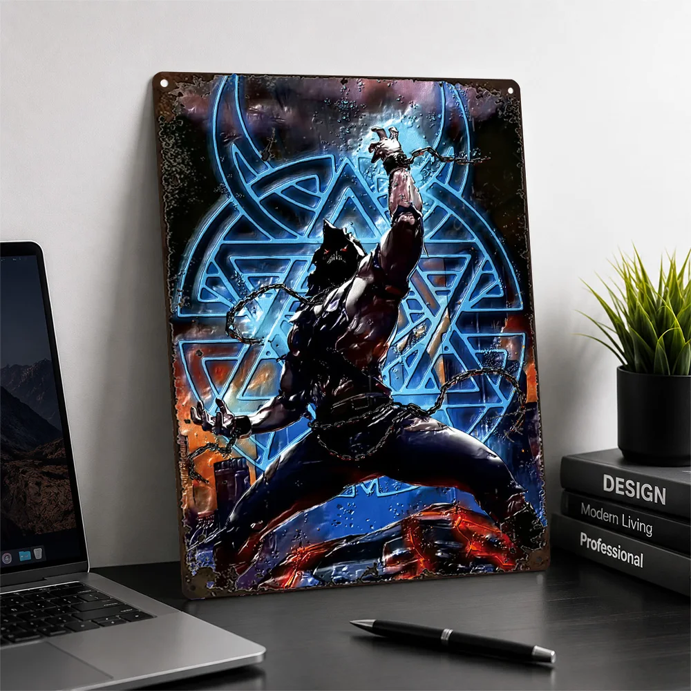 Chained Demon With Blue Symbol Aluminum Poster Bold Graphic Wall Art For Gaming Room Personalized Metal Sign Fantasy Fan Gift