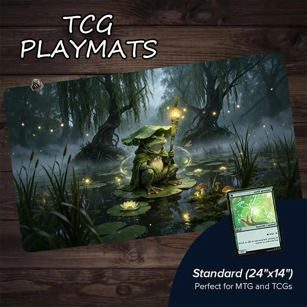 Dark Fantasy Frog Wizard TCG Playmat Magic Card Mat with Stitched Edge Non-Slip Durable Tabletop Playmat Board Game Mat for MTG