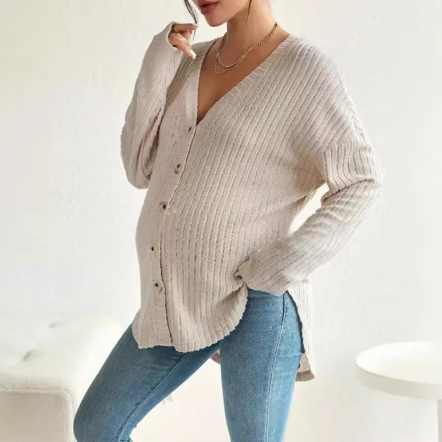 Maternity Clothes Long Sleeved V-neck Maternity T-shirt Front Button Cardigan Shoulder Sleeved T-shirt Pregnant Women Clothing