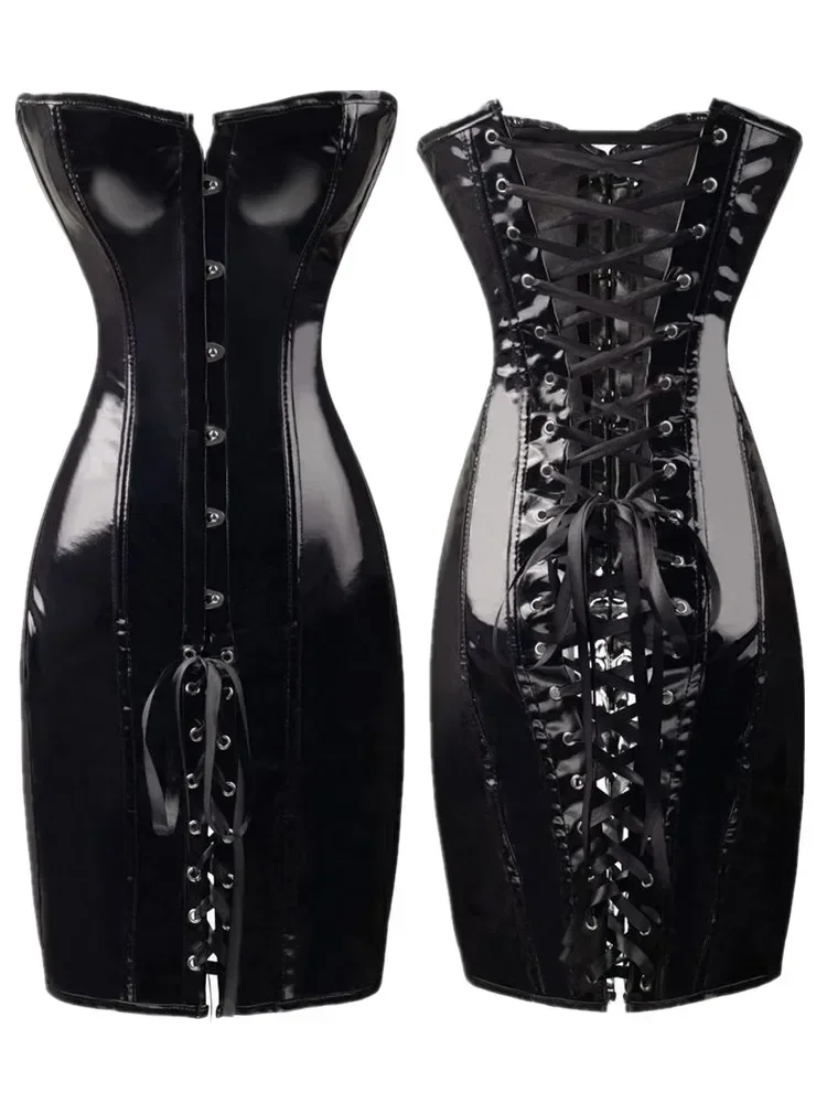 Hot Rood Zwart Body Slim PVC Corset Sexy Club Lange Bustier Jurk Lange Lederen Corset Sexy Club Jurk Halloween Party Corselet