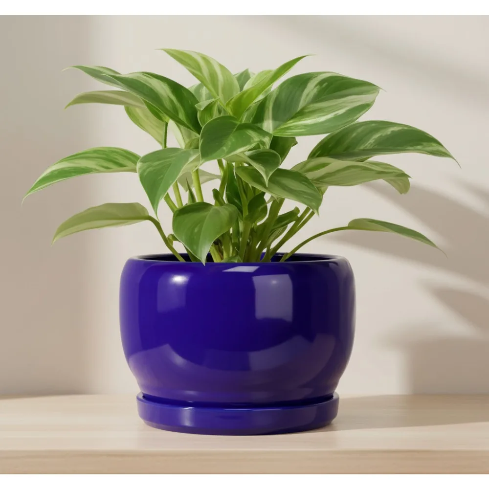 

8 Inch Ceramic Plant Pot with Drainage Hole and Saucer, Modern Blue Planter for Indoor Outdoor Plants, Gifts for Plant Lovers