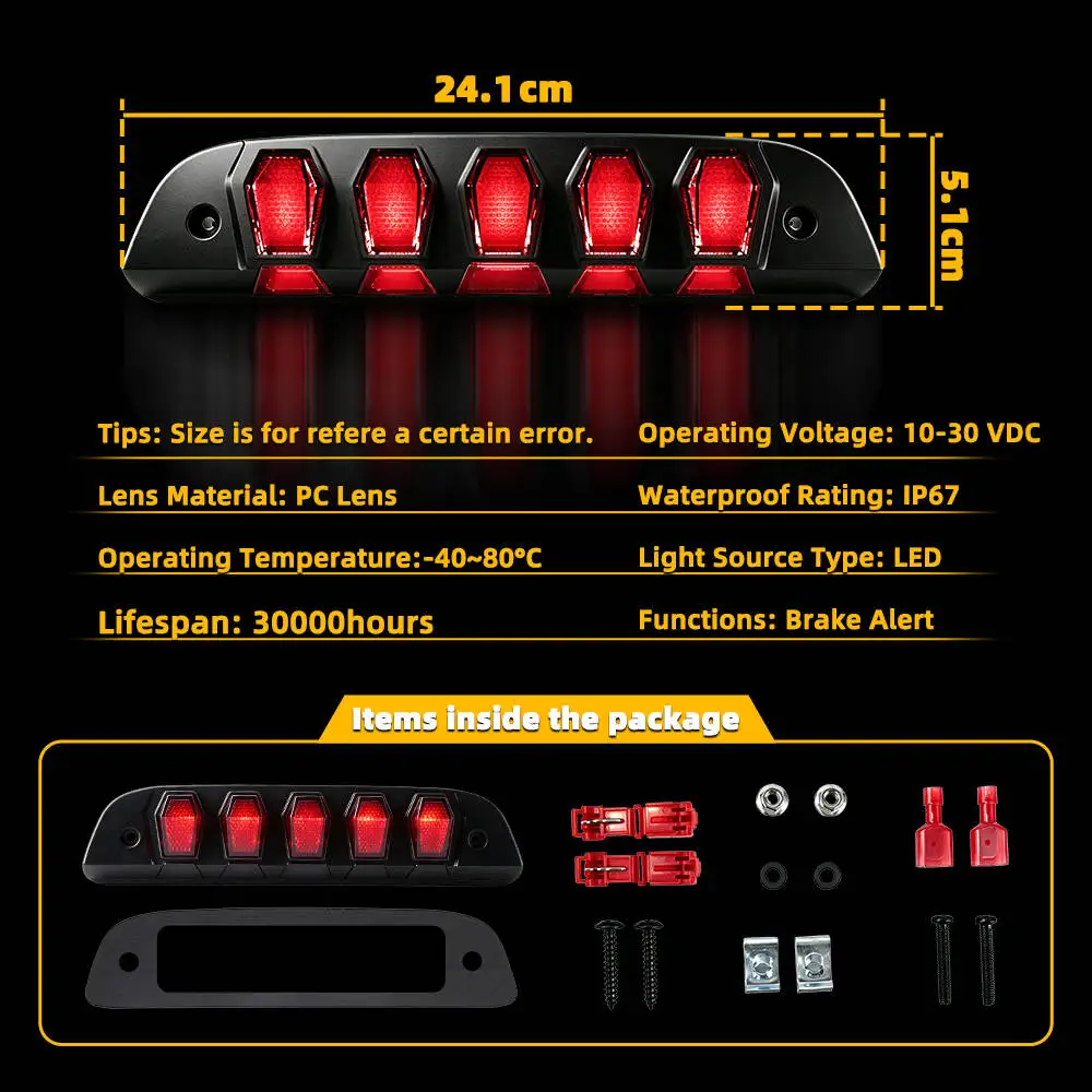LED High Mount Third Brake Light Red Stop Lamp Assembly For 2005-2015 Toyota Tacoma 2nd Gen Pickup Truck
