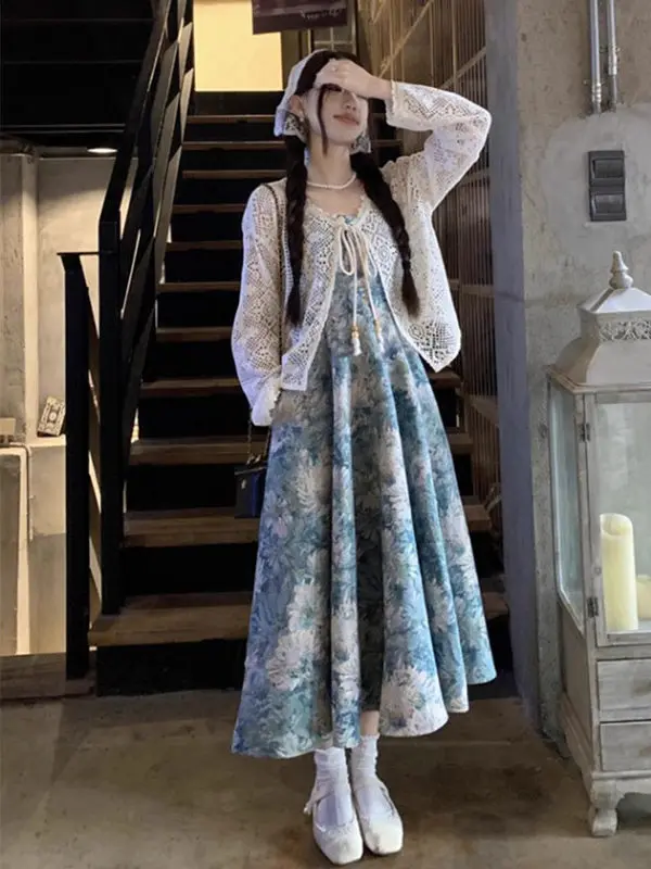 

Летнее платье больших размеров с цветочным принтом и кружевной отделкой, женская одежда для похудения, накидка из двух предметов, комплект трапециевидной формы с высокой талией...