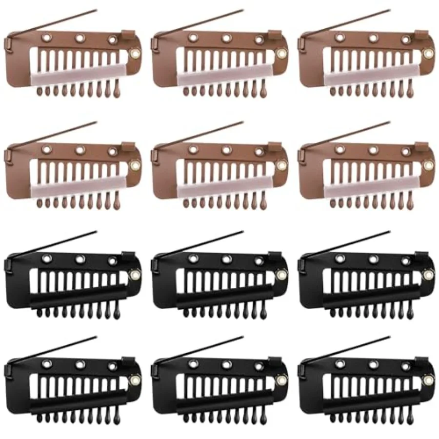 

Wig clips for hair extensions and hijab use, plastic material, black and brown, 12 pcs with 10-teeth snap design for secure, no