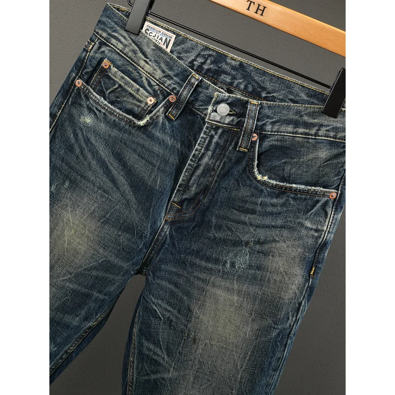 Celana Jeans Vintage Tebal Musim Gugur Pria, Berat, Distressed, Tren Fashion Jalanan, Warna Nostalgia, Model Lurus Longgar