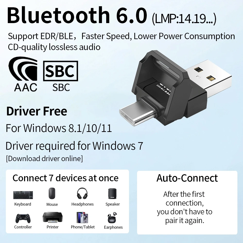 KEBIDUMEI Bluetooth 6.0 Adapter USB Type C 2in1 Dongle Receiver BT 6.0 Audio Transmitter Supports Windows8.1/10/11 Plug and Play