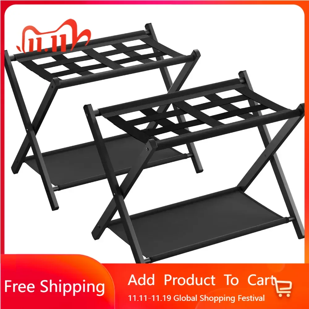 Luggage Racks for Guest Room, Set of 2, Suitcase Stand with Fabric Storage Shelf, Foldable for Space-Saving Storage, Steel Frame