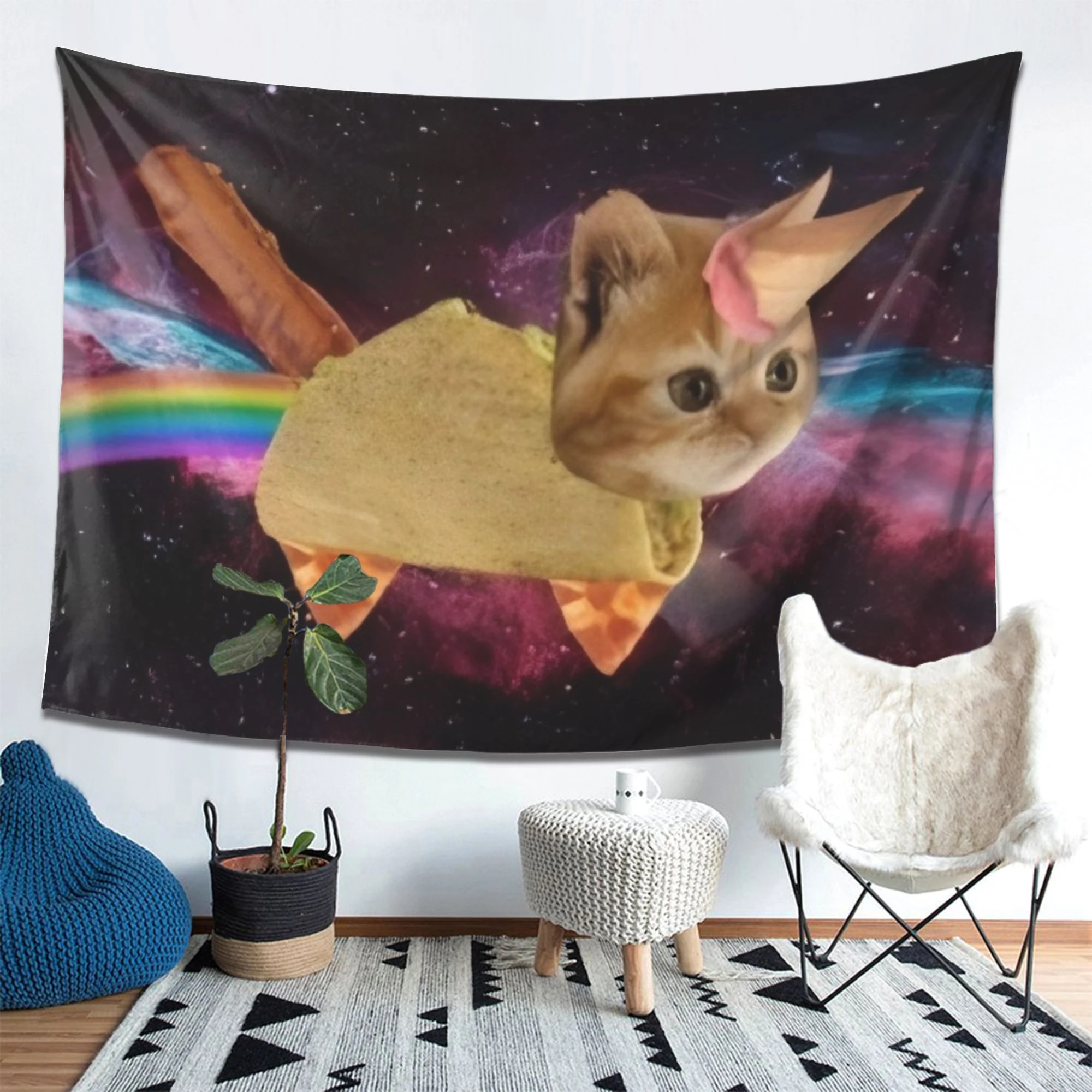 1pc Galaxy Taco Cat Rainbow Space Cat Meme Tapestry Wall Hanging for Bedroom Living Room Dorm Decor