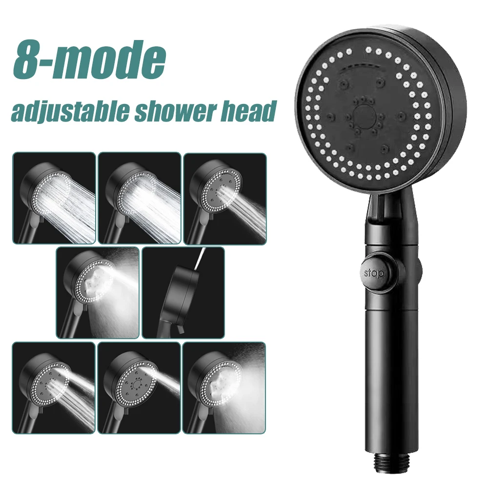 8 Modes High-Pressure Shower Head Fall Resistance Black Handheld Showerhead Water Saving Bathroom Shower Nozzle Accessories
