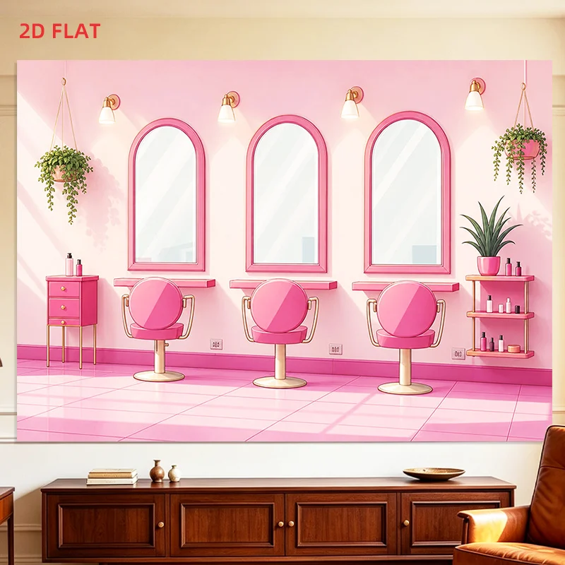 Pink Salon Tapestry, Retro Barber Shop Wall Hanging, Girly Hairdresser Decor Vintage Mirror Art Cloth Bedroom Dorm Room Ornament