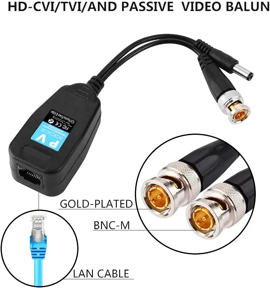 Passive Video Balun 1 Pairs RJ45 Transceiver Transmitter AHD CVI/CVBS with DC for CCTV Security DVR Surveillance Camera System