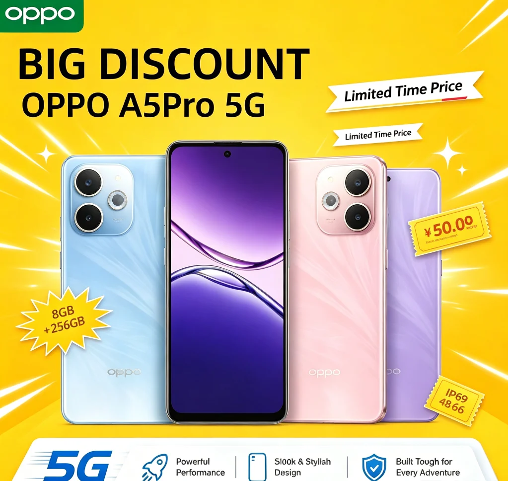 Top Choice 2026 OPPO A5Pro Global Unlocked Dual‑SIM Cellphone 8GB+256GB Ample Storage 6.5‑Inch HD+ Waterdrop Screen MediaTek