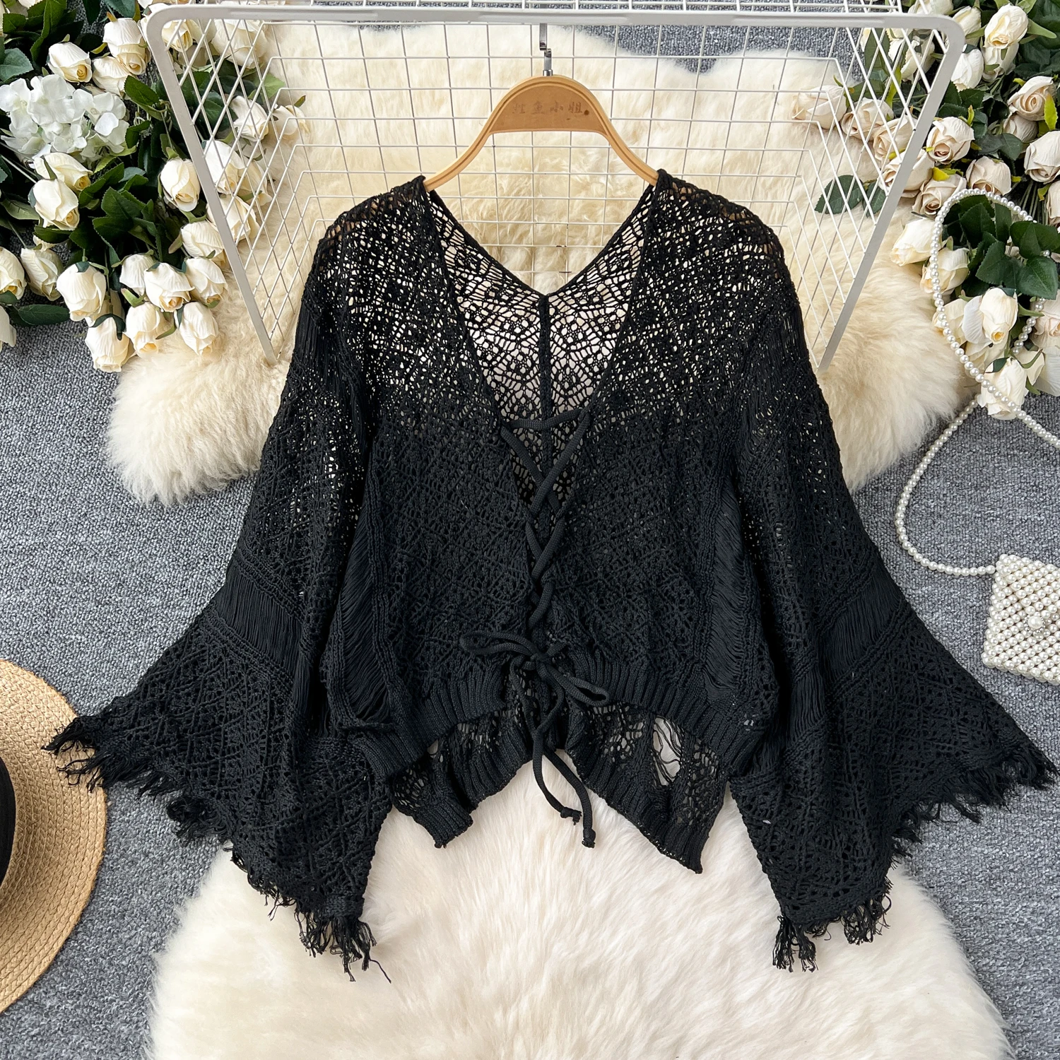 2025 herbst Am Meer Urlaub Strand Cover-up frauen Böhmischen Hohl Trompete Hülse Oberbekleidung Gestrickte Sonnenschutz Shirt Top