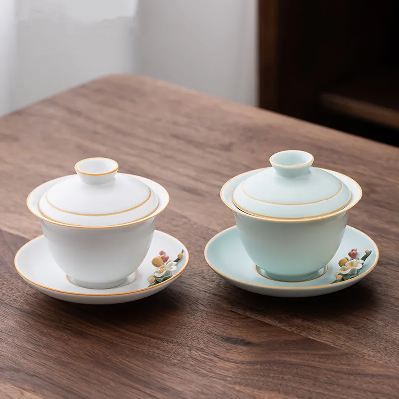 150ml Chinese High Grade Ceramic Gaiwan Teacup Handmade Flower Pattern Tea Tureen Travel Tea Bowl Household Teaware Accessories
