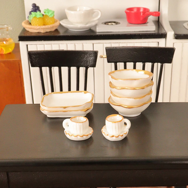

1 Set 1:12 Dollhouse Miniature Dinner Plate Coffee Cup Tray Bowl Dishes Kitchen Tableware Model Decor Toy Doll House Accessories