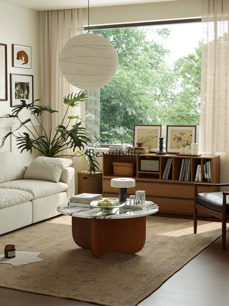 

French modern simple coffee table household living room marble solid wood cream wind