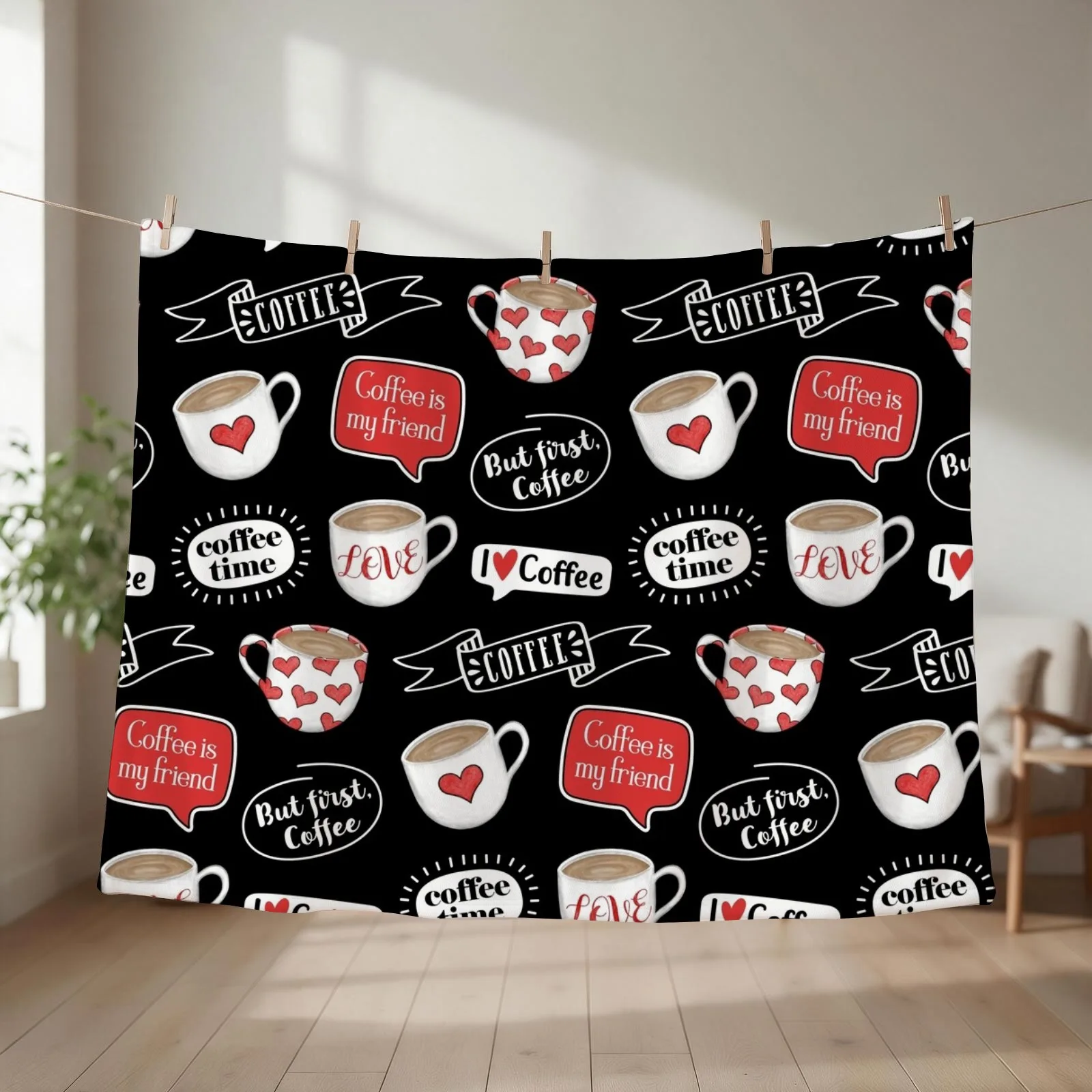 Hand-Drawn Coffee Mugs - I Love Coffee - Muted Red, Black and White - 2nd Version Throw Blanket