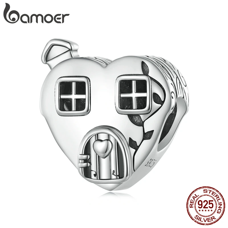 Bamoer 925 Sterling Silver Small House Family Beads Heart-Shaped Charms for Women Bracelet and Bangle DIY Fine Jewelry BSC871