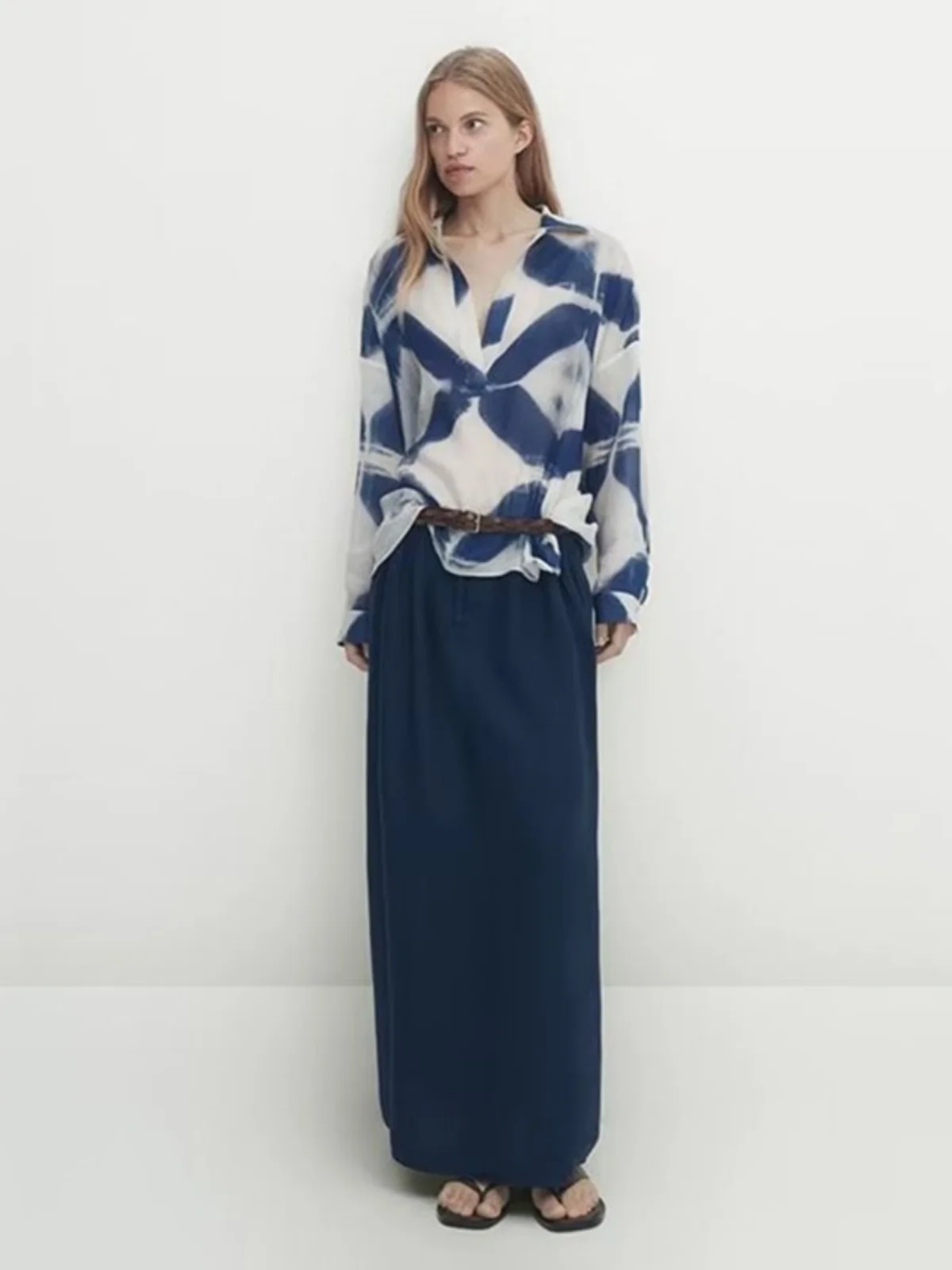 Losse artistieke Sle Long Sve Ne blauw katoen linnen print irt voor dames herfst nieuwe collectie vrijetijdskleding