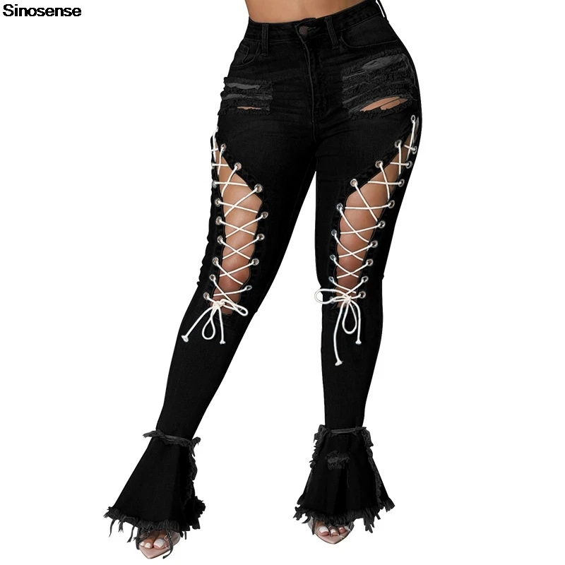 Damskie podarte jeansy dzwony z elastyczną talią, surowym wykończeniem, seksowne spodnie dżinsowe na co dzień, na randkę, na ulicę, do klubu nocnego, na imprezę, rozszerzane jeansy.
