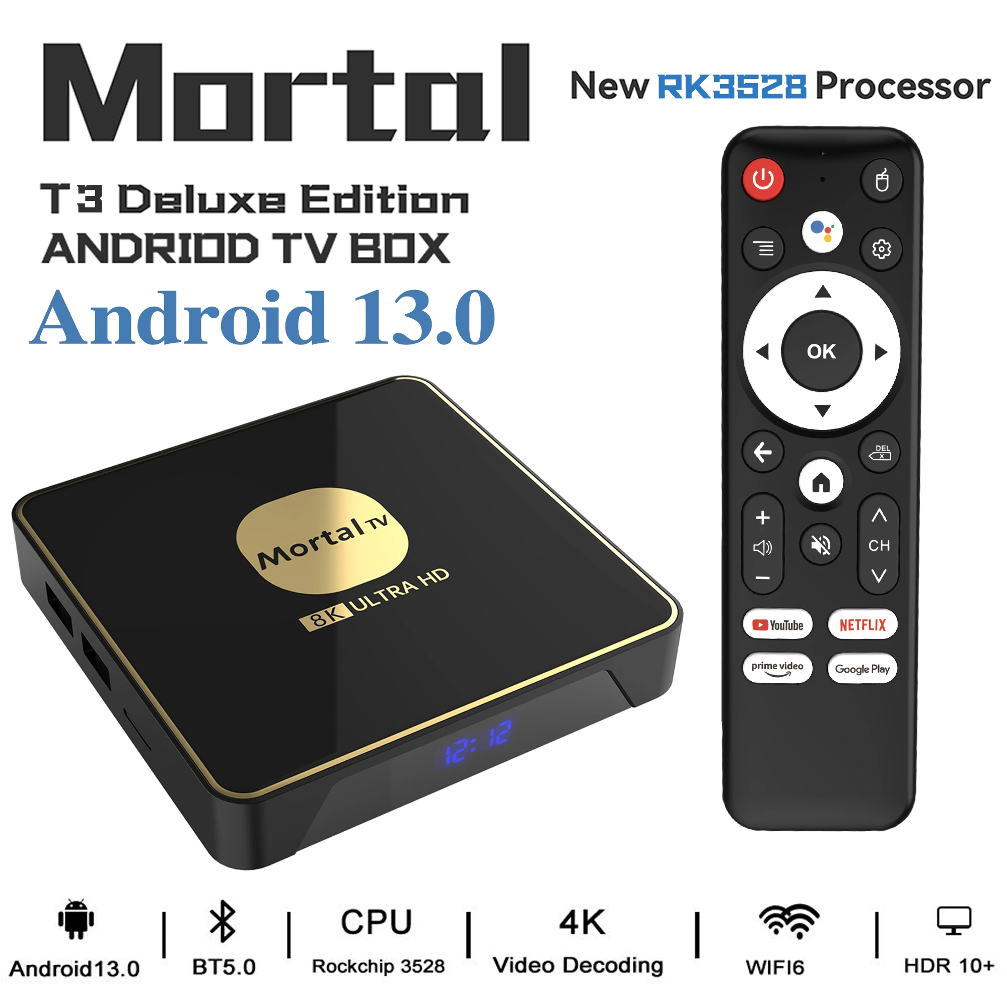 مشغل الوسائط العالمي MORTAL T3 ROCKCHIP3528 رباعي النواة Android 13 TV Box WIFI6 4K HDR 4GB64GB H.265 Netflix Youtube