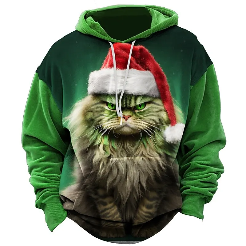 

3D Print Christmas Cat Graphic Hoodie Cute Animal Pattern Loose Casual Comfortable Clothes Autumn Winter Harajuku Style Pullover