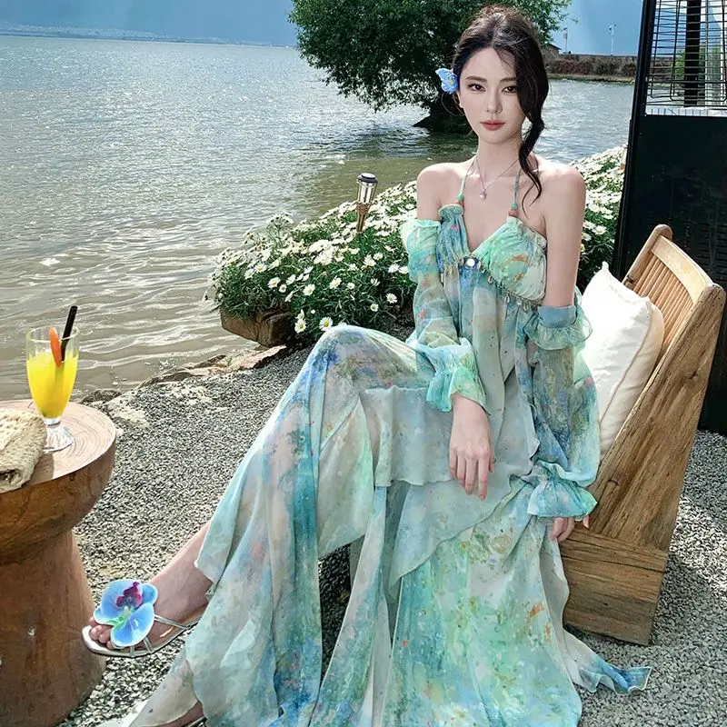 

Women's Clothing Summer Dopamine Beach Vacation Lace Trim Irregular Blurred Straps Dress Yunnan Travel Fairy Long Skirt