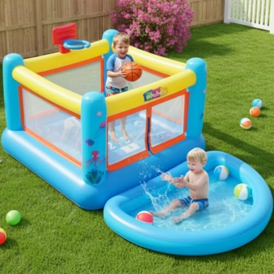 PVC inflatable water slide for backyard use, blue and yellow, durable and quick-inflating with splash pool, ball pit, jumping a
