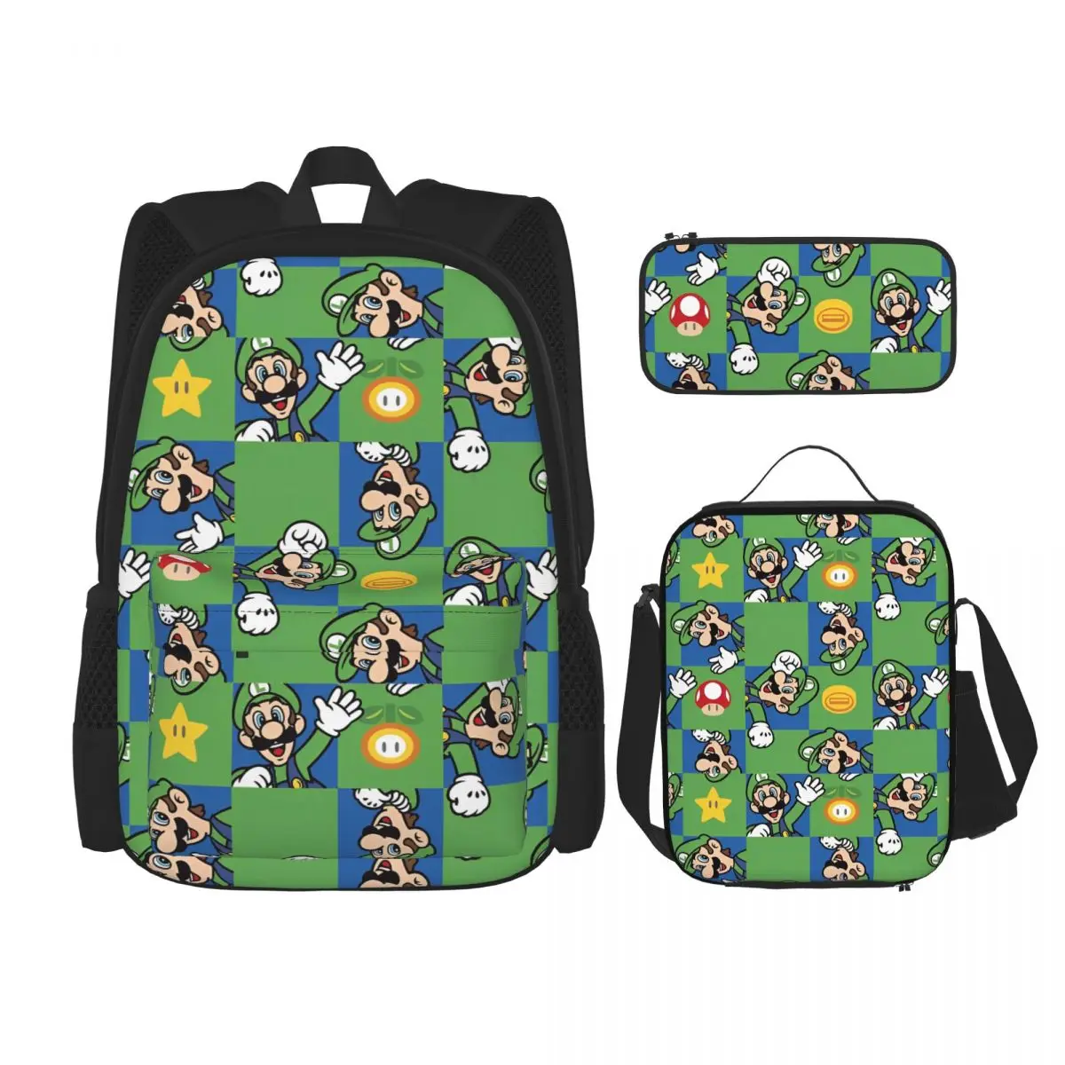 Marios Luigi 3pecs/set Mochila para Estudiante Super Mushroom Mochila para computadora portátil Bolsa de almuerzo Estuche para lápices
