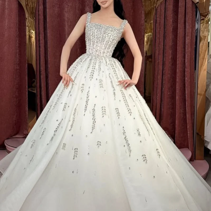 

Customized Simple ivory white Spaghetti sequin crystal Appliques Wedding Dresses Bridal Gowns Made Dress