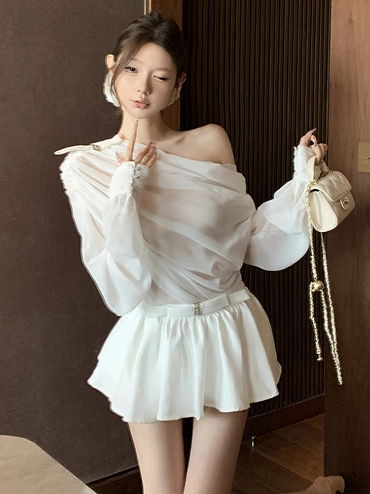 High Waist Slim Fit Shirt And Mesh Skirt Two Piece Set Sexy Style Shoulder Design Breathable Material Casual Wear for Women