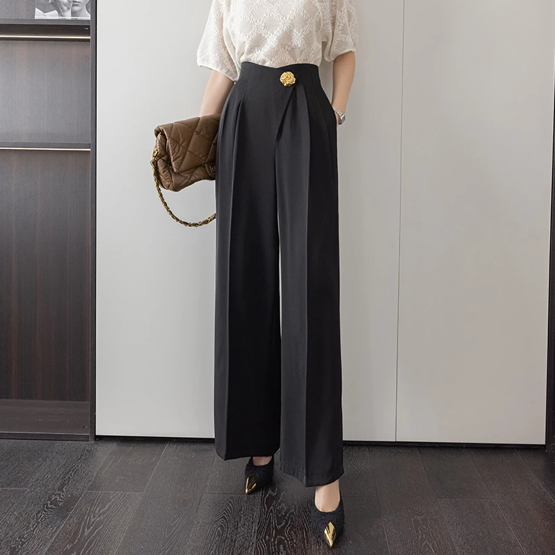 

Korean Style Streetwear Wide Leg Pants Women Spring Summer Fashion Office Lady Irregular Design High Waist Baggy Trousers Female