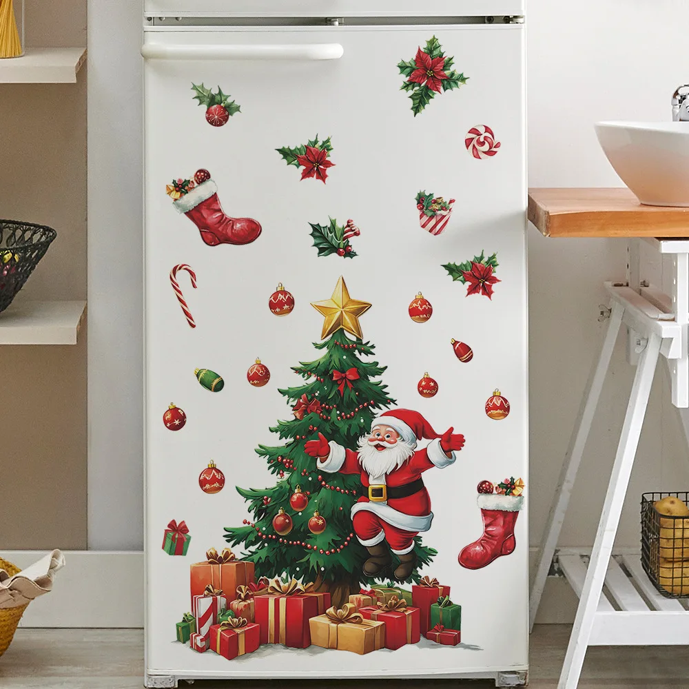 

Christmas Tree Santa Claus Candy Gift Box Wall Stickers Refrigerator Decoration Background Beautification Home Decor Decals S403