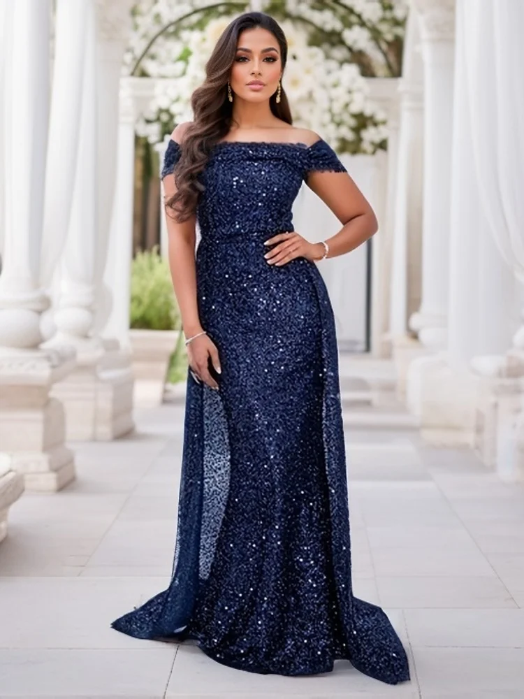 Romagic Navy Blue Slash Neck Off the Shoulder Prom Gown Dress Sequin Detachable Train Mermaid Evening Party Dresses Cocktail