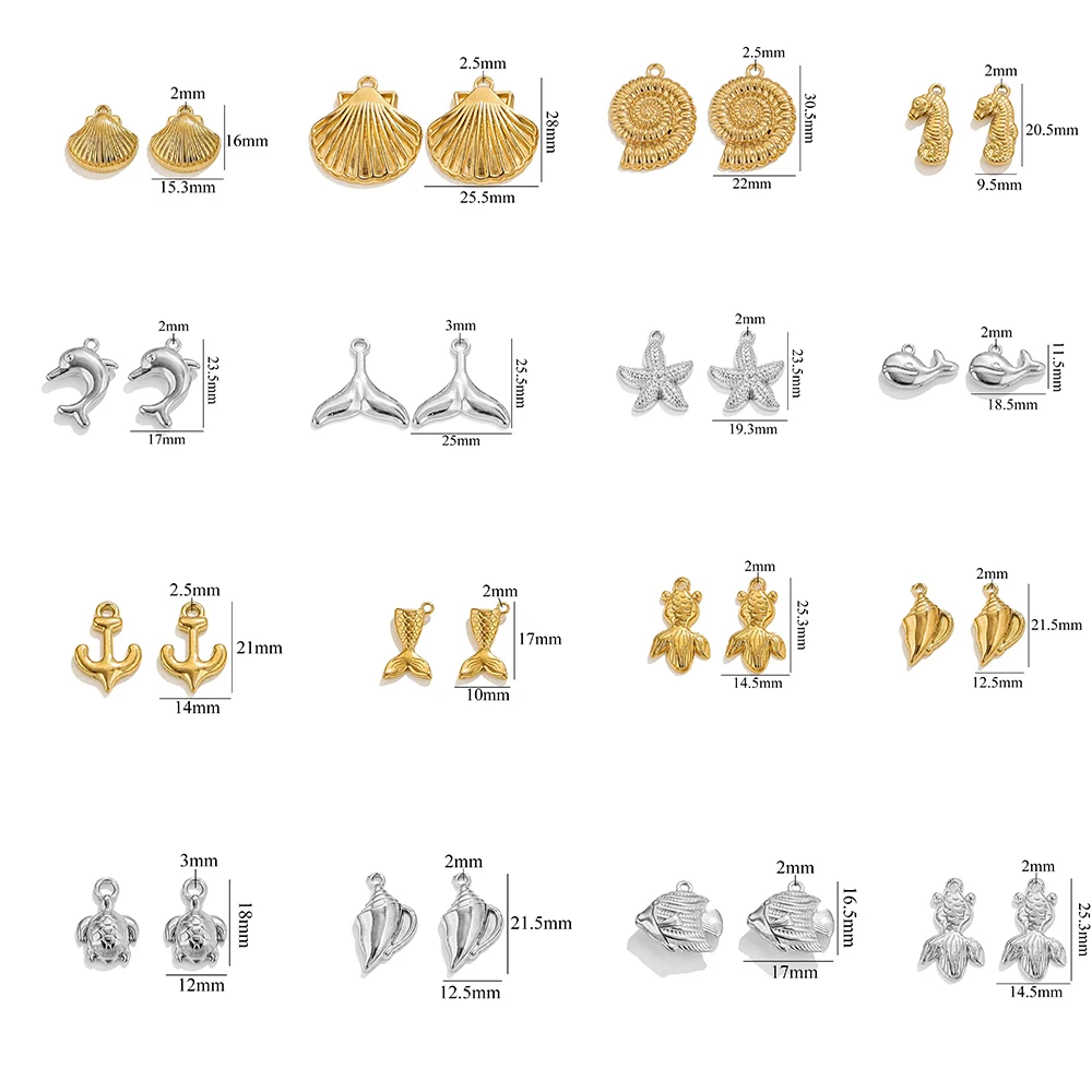 

2PCS/LOT Stainless Steel Golden Steel Color Marine Animal Shell Fish Tail Seahorse, Pendant Accessory Connecting Jewelry Charm