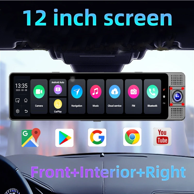 8 Core 12 Inch Android 13 Car DVR 4G LTE Rearview Mirror Dash Cam 3 Lens Front Inside Rear Recording 4GB+64GB HD Touchscreen