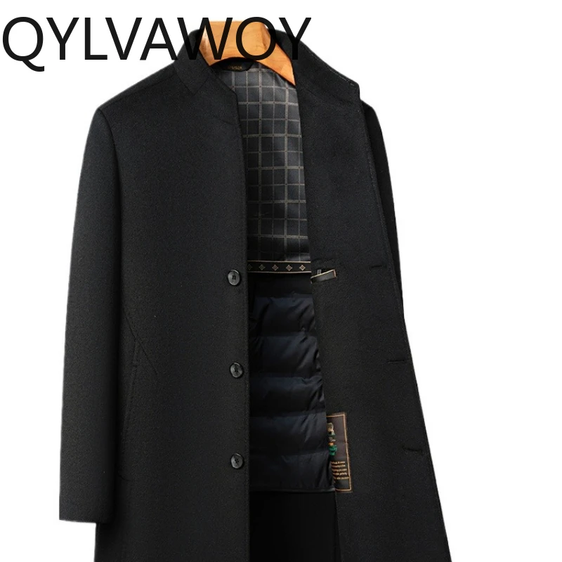 QYLVAWOY Spring Autumn Winter Men's Double-Sided Woolen Coat Stand-Up Collar Mid-Length Outerwear Warm High-Quality LJ2727