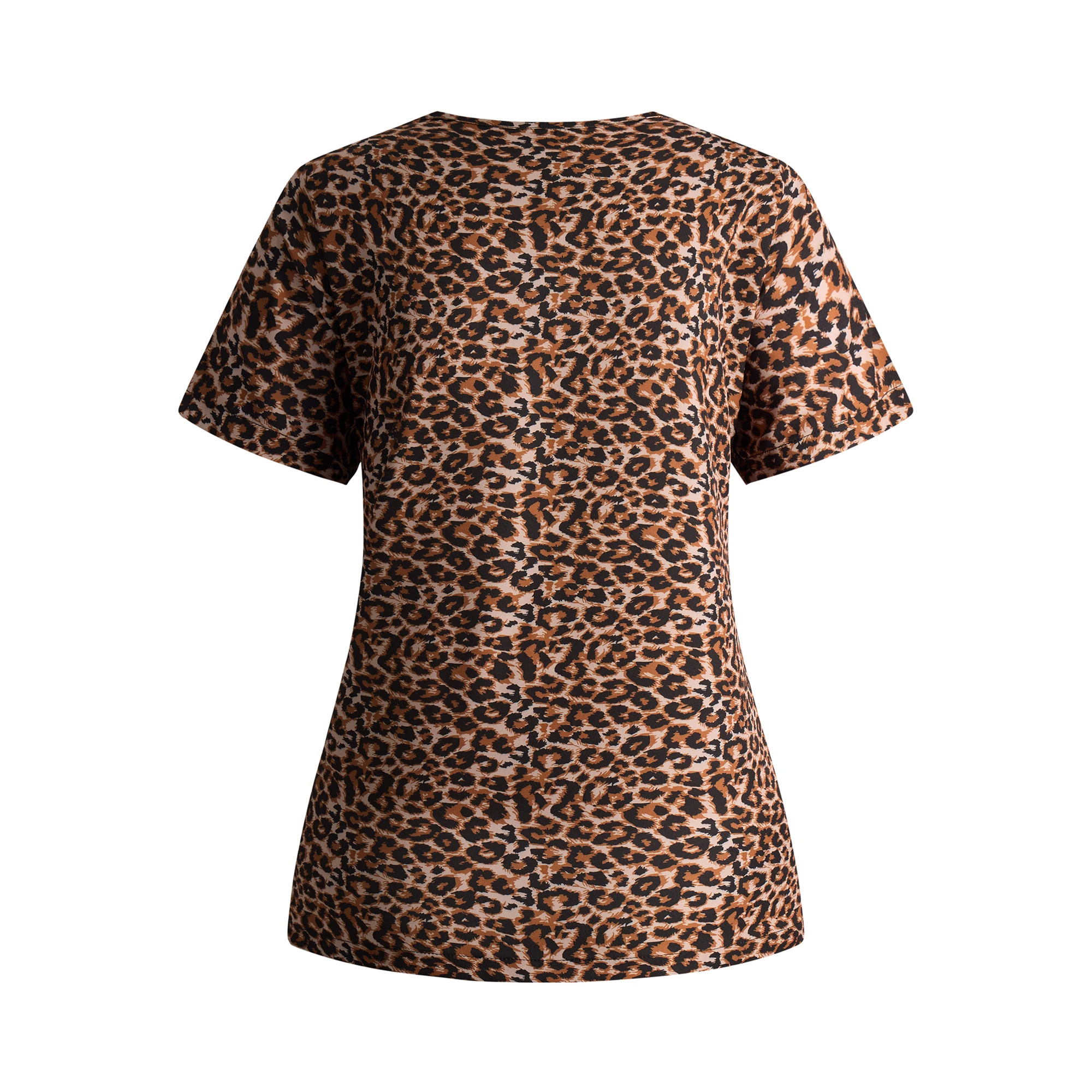 【Fun】Women Scrub Top Leopard Print Stretchy T-shirt Clothing for Nurse Dentist Pre-school Teacher Workwear Surgical Uniform
